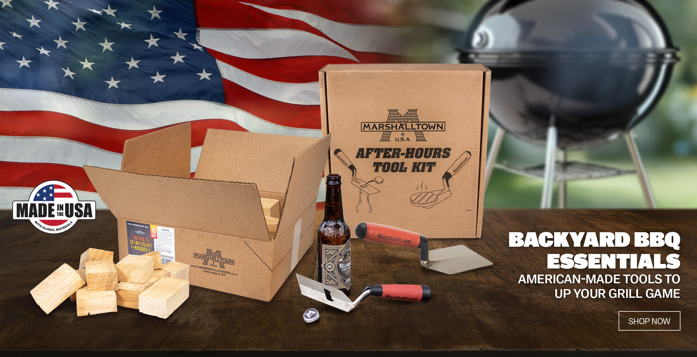 the MARSHALLTOWN Arkansas Hickory Chunks and the After-Hours Tool Kit next to a grill